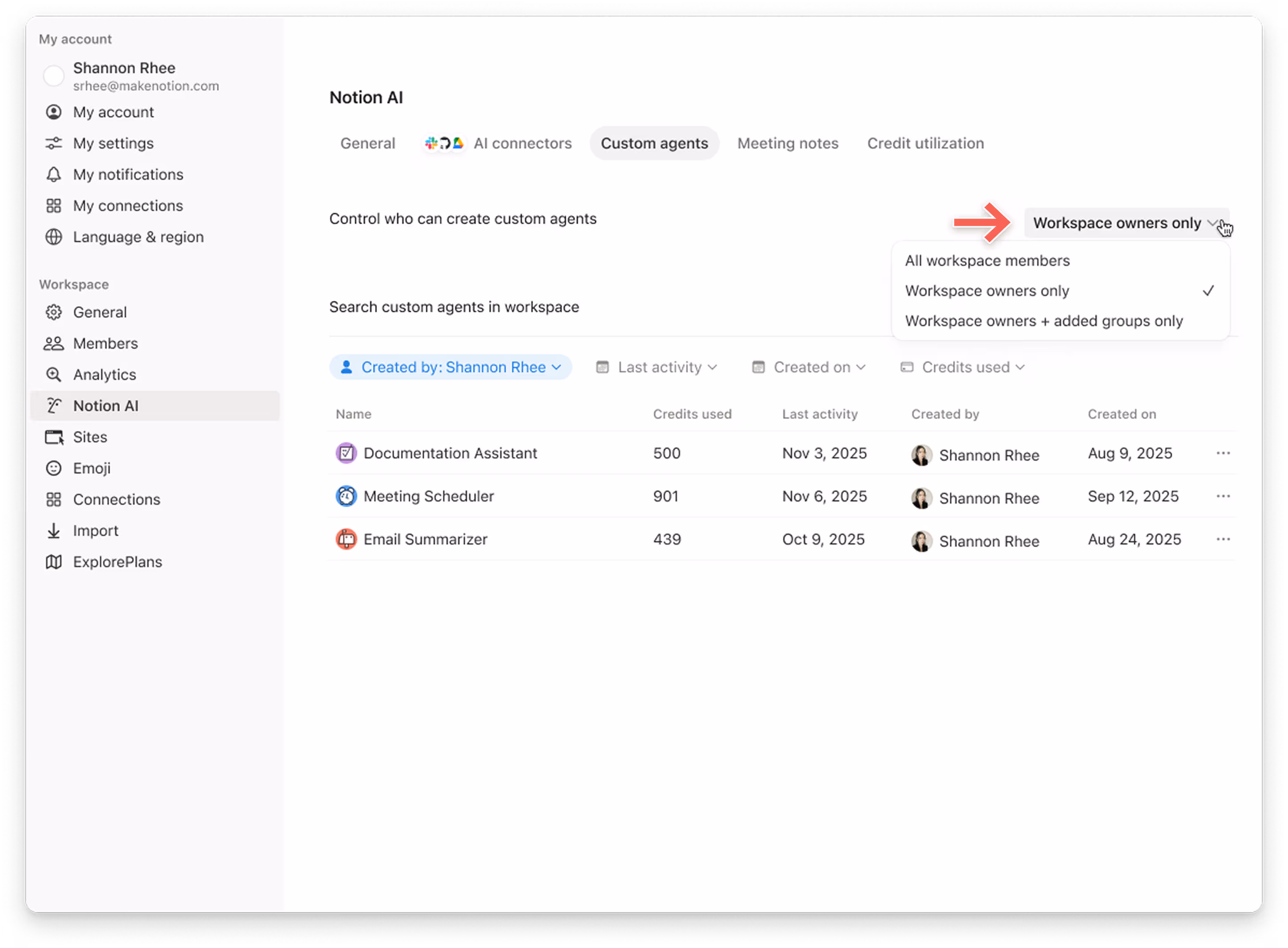 notion credits dashboard who can create agent