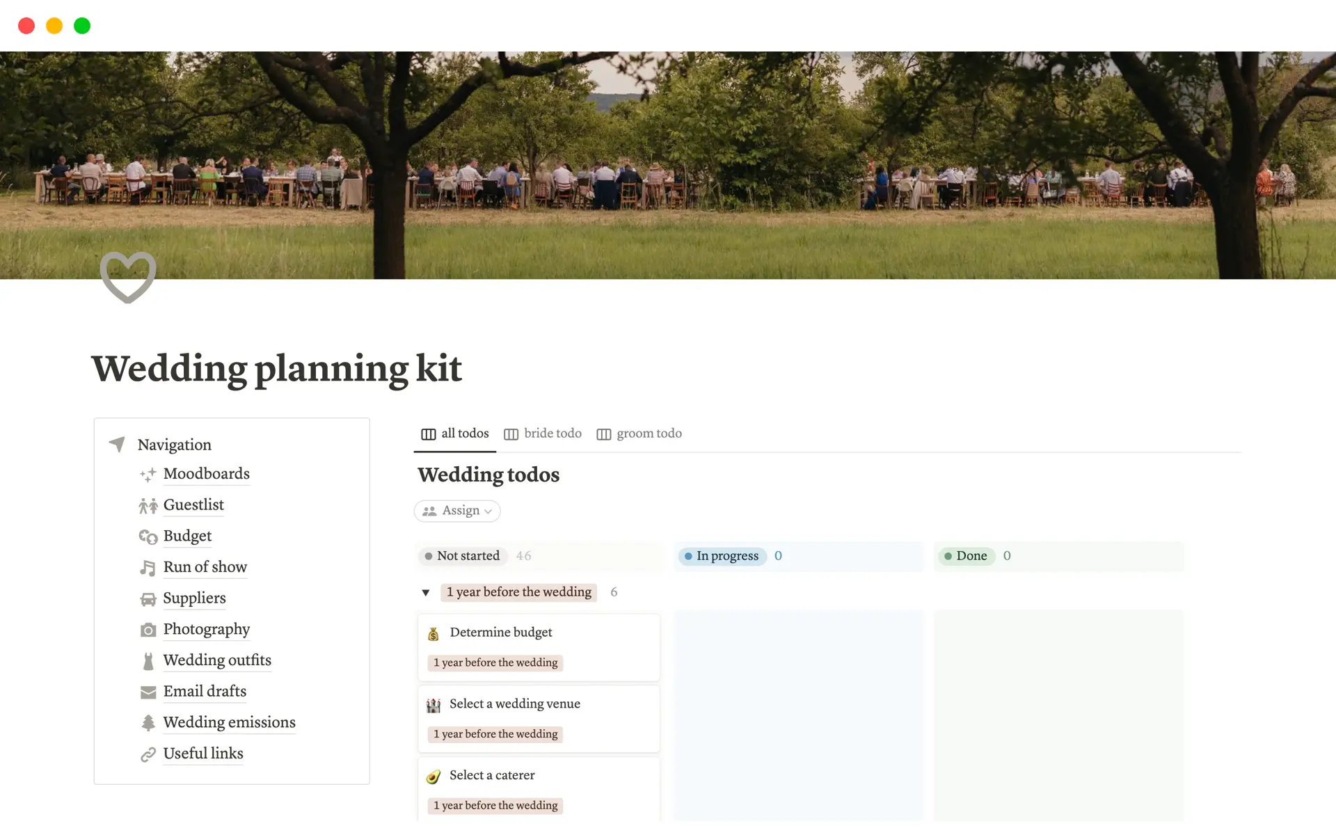 Screenshot of Big Day, Big Plans: Wedding Templates collection by Notion